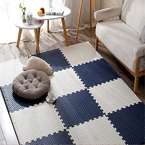 LWPCP Puzzlematte mit Rand, Baby Krabbelmatte, 60 x 60cm Eva Schaumstoff Baby Puzzlematte für Kinderzimmer Wohnzimmer Fitnessraum Schwimmbad,White+Dark Blue,10
