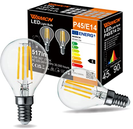 WSMCN E14 LED Lampen Warmweiss 4,5W Ersetzt 45W P45 Glühlampe, 2er-Pack, Klarglasbirne im Filamentstil, 2700 Kelvin 517 Lumen Nicht Dimmbar G45 Edison Leuchtmittel, 360° Flimmerfrei Birnen
