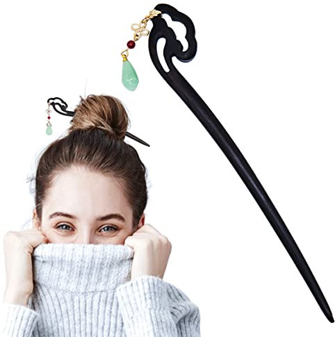 Japanese Chinese Wood Hair Chopstick for Women, Retro Hair Stick Pin with Jade, Japanese Chinese Hair Accessories for Long Hair, Hanfu Dressing Accessories