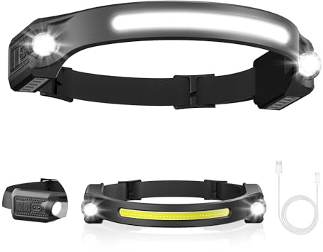AlpsWolf Linterna frontal LED recargable, 2 XPE LED y COB LED, linterna de cabeza para adultos, modo sensor, haz ancho de 260°, impermeable IPX4, faro recargable para accesorios de camping (paquete de
