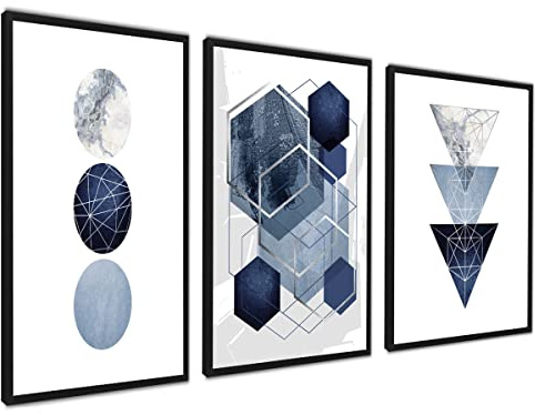 ag.art deco 3er Set Bilderrahmen 50x70cm Wanddeko Wohnzimmer Schlafzimmer | Collage Dekoration Wohnung modern Wand-Deko Wohnzimmer Schlafzimmer Blau-Silber Dreiecke und Kreise Triptychon Abstrakt ohne