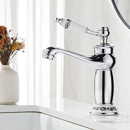 Maynosi Retro Bathroom Basin Mixer Tap, Luxury Victorian Mixer Taps with Floral Ceramic Handle, Single Lever Mono Vintage Sink Faucet for Cloakroom, Include Flexible Tails, Brass (Chrome)