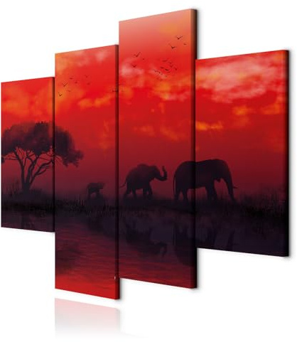decomonkey Bilder Set Elefanten 126x98 cm 4 Teilig Leinwandbilder Bild auf Leinwand Vlies Wandbild Kunstdruck Wanddeko Wand Wohnzimmer Wanddekoration Deko Tiere Afrika Baum Vogel Fluss Pflanzen Rot