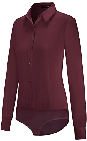 Tapata de las Mujeres Blusa Body con Botones, de una Sola Pieza, de Manga Larga, Camisa de Trabajo de Oficina sólido, Tops Casuales, Rojo borgoña, M