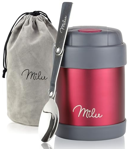 Milu Food Flask for Hot Food - 300ml Leakproof Insulated Stainless Steel Thermal Lunch Box, Soup Container with Spoon, BPA-Free, To go Meal Prep, Porridge (Berry, 300ml)