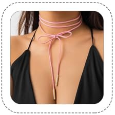 Bethynas Gothic Bow-knot Velvet Choker Necklace Sexy Long Wrap Rope Collar Tie Neck Chain with Silver Gold Pendant Boho Party Neck Accessories for Women (Pink)