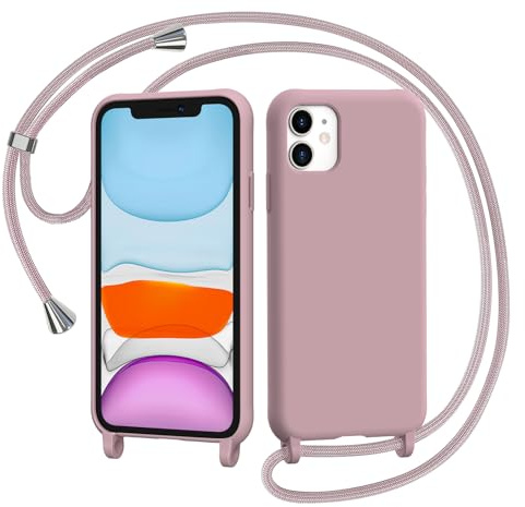 AOMYKE Handyhülle für iPhone 11 Hülle mit Band, Handyband iPhone 11 Hülle zum Umhängen Schutzhülle mit Kette Kordel Weich TPU Liquid Silikon Case， Pink