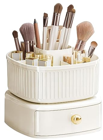 DASITON Make up Kosmetik Organizer,360° Drehbarer Pinsel Organizer mit Schublade,Kosmetikregal Schmink Organizer für Pinsel,Eyeliners, Lippenstift,Kosmetik Aufbewahrung für Bad,Schlafzimmer(Creme)