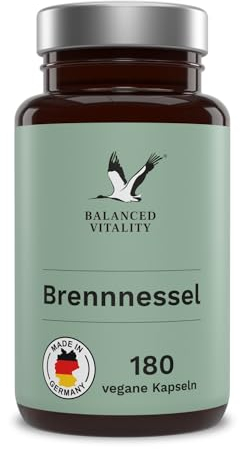 Balanced Vitality Ortiga - 180 cápsulas veganas para 2 meses - 20:1 verdadero extracto de ortiga -900mg altamente dosificados por dosis diaria - sin aditivos - Made in Germany