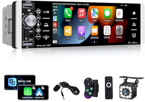 [2025 Wireless] CAMECHO Wireless CarPlay Autoradio 1 Din avec Android Auto, 5 écran Tactile HD Bluetooth 5.1 Soutien Lien Miroir pour iOS/Android EQ USB SWC + Microphone Externe + Caméra de recul