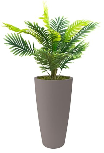 Nicoli Style Vase haut, 36 x 70 cm, intérieur, extérieur, soucoupe amovible (36 x 70 cm, avec palmier de 100 cm, taupe) | Pot de fleurs d'intérieur ou d'extérieur, résistant aux chocs et aux intempéries, pot décoratif pour maison, terrasse, taupe