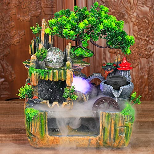 WOLEGM Fontaine d'intérieur avec éclairage LED - Fontaine de table - Cascade avec brouillard - Fontaine de bureau en résine - 30 x 18 x 33 cm