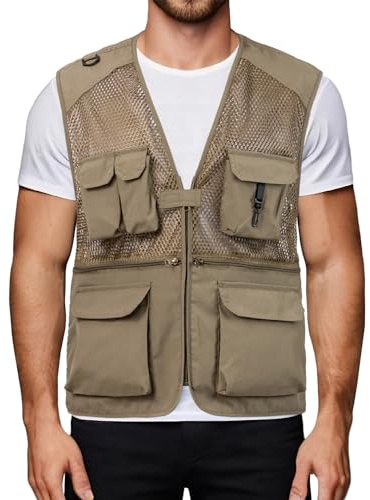 Harbrosrce mäns nätfiskeväst lätt västar användbarhet snabbtorkande ärmlös jacka med flera fickor för safari resa fotografi, Khaki, XXL