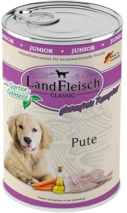 Landfleisch Classic Hundefutter Junior 6 x 400g | Pute | Mit hochwertigem Fleisch, Rapsöl (Omega-3 & 6), ohne Gluten, Zucker, GVO & Soja | Nassfutter für heranwachsende Hunde