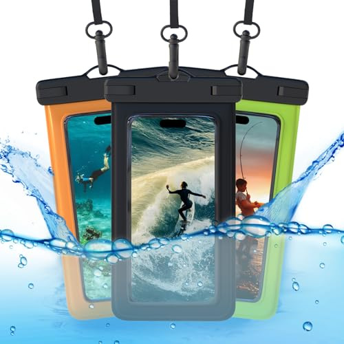 MMOBIEL Custodia Impermeabile Smartphone [3 Pack]-Custodia Fino a 7 Pollici per iPhone 17 16 15 14 Pro Max, Samsung Galaxy S26 S25 S24 Serie-Borsa a secco con Laccio, Bracciale - Nero, Verde, Arancio