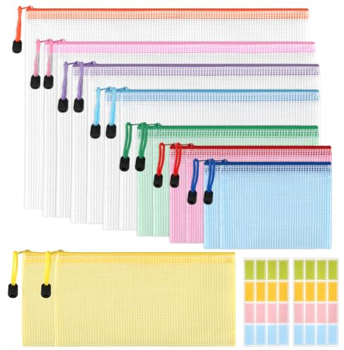 15 Stück PVC-Material Dokumententasche, Dokumententasche A4/A5/A6/B4/B5/B6/B8/Bill mit Etiketten, Farbenfrohe Wasserdichte Dokumententaschen für Dokumente, Kosmetika