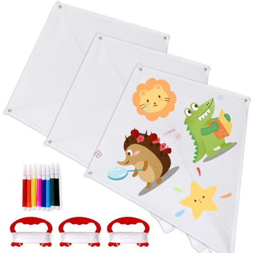 Umllpet Cometas para Niños, 3 Piezas Diseñe Su Propio Kit de Cometas, Cometa Blanca para Niños, Cometas para Pintar con 8 Rotuladores de Colores para Pintar y Colorear su Propia Creación