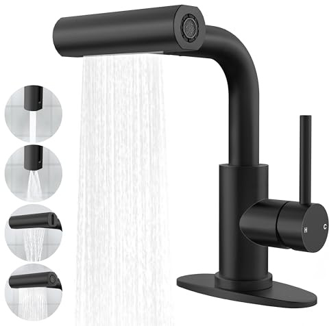 FROPO Matte Black Bathroom Sink Faucet with Pull Down Sprayer - 4 Mode Single Handle Vanity Faucet Waterfall Bathroom Faucet with Pull Down Sprayer (No Drain)