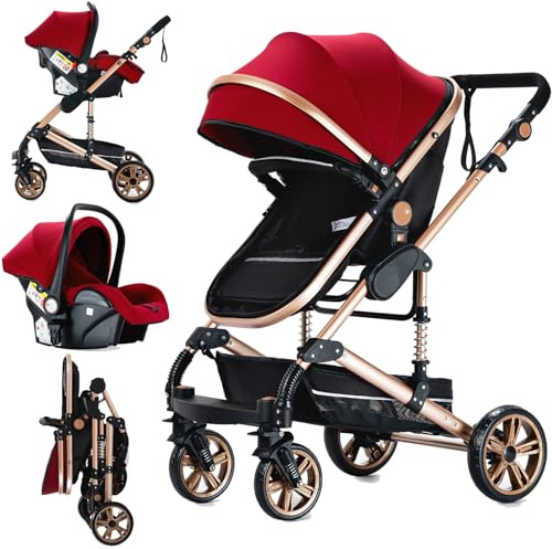 Doraystar 3-i-1 barnvagn med två vändbara skjutlägen, vikbar design med ett klick och aluminiumram – komplett set