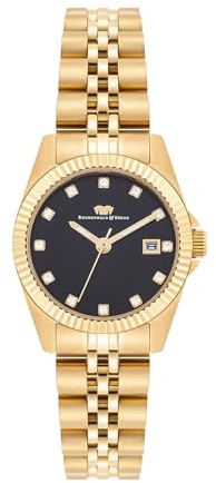 Rhodenwald & Söhne Damen Uhr Edelstahl Gelbgold verziert mit Kristallen | Gliederarmband,Mineralglas,analog,Quarzwerk,5 ATM,Zifferblatt schwarz,Perlmutt,Armbanduhr,Fashionuhr,Frauen,10010491