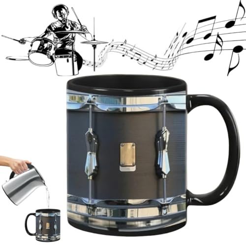 Tefexer Black Vintage Drum Mug Pottery Coffee Tumbler 11oz Drumming Cup with Handle for Coffee, Tea, Latte and Milkshake - Flat Printing But Looks Three-Dimensional