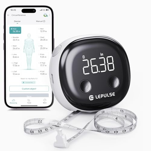 Lepulse Smart Body Tape Measure, Bluetooth Measuring Tape for Body Measurements, LED Display & Fitdays App, Digital Tape Measure for Waist, Hip, Arms, 60in Retractable, USB Rechargeable, Weight Loss