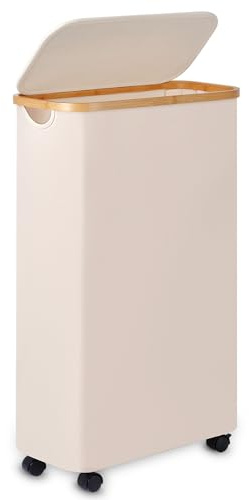 Merkisa Slim Laundry Basket with Wheels,Narrow Hampers for Laundry,Freestanding Laundry Hamper with Lid&Bamboo Handles,Collapsible & Waterproof Tall Cloth Hamper for Dorm Family(60L Beige)