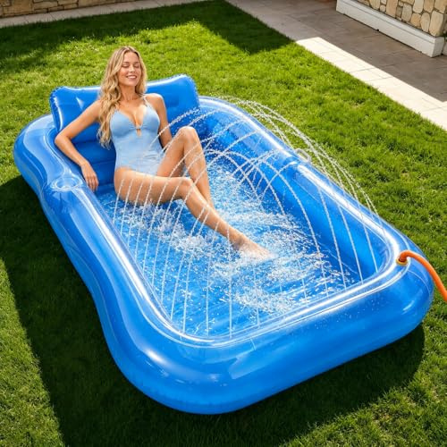 Luftmatratze Pool Erwachsene,Aufblasbarer Sonnenpool mit Getränkehalter,Griff und Rückenlehne,Luftmatratze Wasser mit Eingebautem Sprinkler,Wasserspielzeug für Erwachsene Pool Strand Sommerspaß