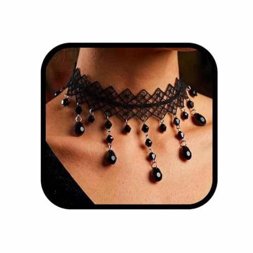 Evlry Gothic-Spitzen-Choker-Halskette, schwarze Perlen, Quasten-Halsketten, Kristall, hohl, Blumen-Choker-Schmuck für Frauen