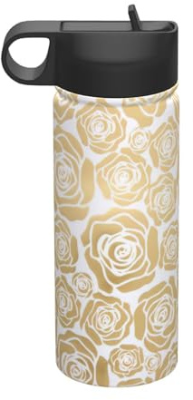 Bouilloire de sport isotherme avec imprimé de nombreuses fleurs dorées - Respectueux de l'environnement et polyvalent - Bouteille de voyage - 532 ml