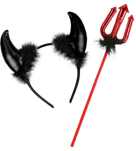 2 Pezzi Costume da diavolo di Halloween,Corna da Diavolo Tridente, Per Halloween e Feste Tema Include Cerchietto Per Cosplay e Eventi Festivi