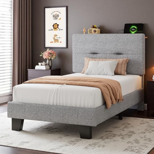 Feonase 3ft Single Bed Frame with Storage Linen Headboard, Upholstered Single beds with Charging Station, Sturdy Wooden Slat Support, Easy Assembly, Light gray
