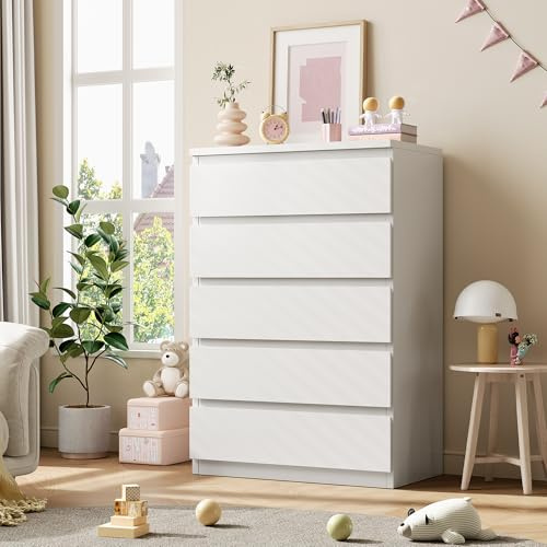 Jocoevol Kommode mit 5 Schubladen für Schlafzimmer, 60 x 39 x 100 cm, Modernes Schlichtes Design, Holzkommode mit tiefen Schubladen, für Wohnzimmer, Flur oder Eingangsbereich, Weiß