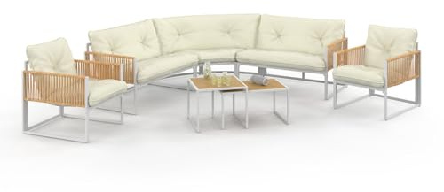 IDMarket - Juego de muebles de jardín bajo Rio de 8 plazas, estructura de metal blanco y cuerda efecto ratán con cojines beige