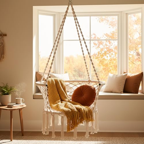 Giantex Hammock Chair, Macrame Swing Chair with 350 Lbs Capacity, Handwoven Tassels, Boho Hanging Chair for Bedroom, Living Room, Patio, Garden, Balcony, Indoor & Outdoor, (Beige)