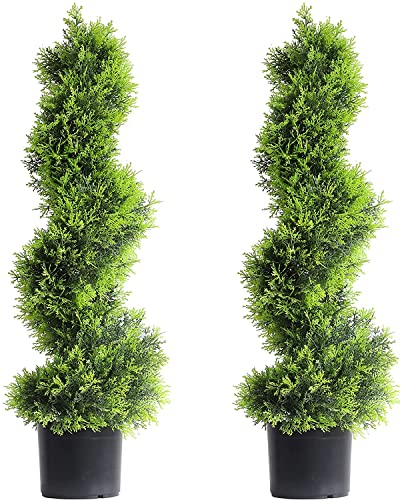 momoplant 3ft Artificial Spiral Topiary Cypress Trees in Sturdy Pot Set of 2, Decorative Fake Plant Plastic Bonsai for Outdoor Indoor Living Room Front Porch