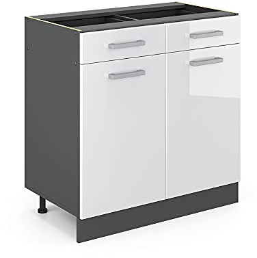 Vicco Küchenunterschrank R-Line, Weiß Hochglanz, 80 cm | 2 Schubladen · Ohne Arbeitsplatte · Höhenverstellbare Füße · 2 Türen · ✓ Leichter Zugriff