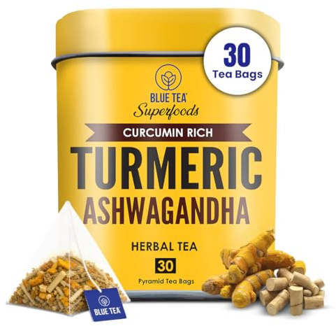 BLUE TEA - Turmeric Tea - Turmeric and Ashwagandha | 30 Count | Plant Based Biodegradable Tea Bag | Herbal Tea | caffieine-free | No Sugar | CURCUMIN RICH - HERBAL BLEND | Reusable Tin Pack