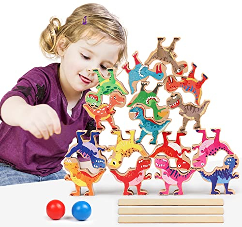 Dinosaur Stacking Toys for Kids, FDTEK Montessori Wooden Dinosaur Stacking Blocks Balance Game for 3+ Year Old Boys Girls