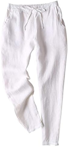 Tanming Linen Pants for Women Summer Casual High Waisted Drawstring White Beach Pant (White, L)