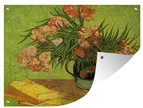MuchoWow Poster exterieur Nature morte vase avec lauriers roses et livres - Vincent van Gogh Decoration murale 120x90 cm Résistant aux intempéries/soleil