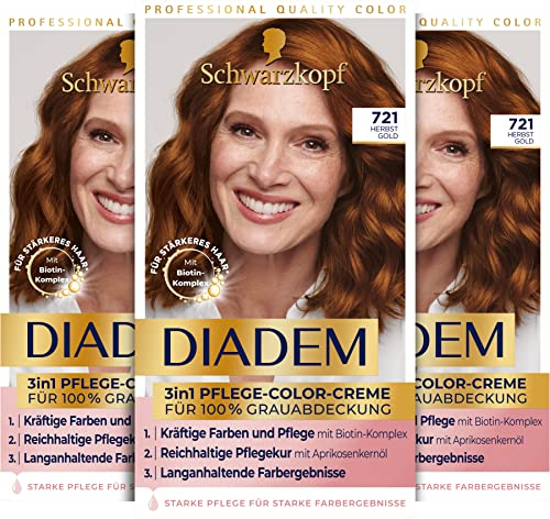 Schwarzkopf Diadem 3 in 1 Pflege-Color-Creme 721 Herbst Gold (3 x 170 ml), permanente Haarfarbe, Haarpflege-Formel für gesund aussehende Ergebnisse, 100 % Grauabdeckung