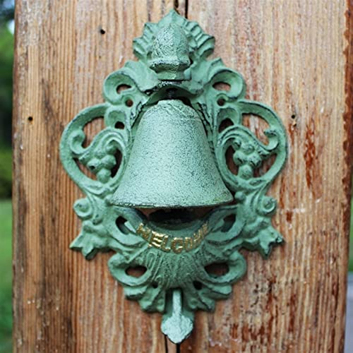 Grüne Gusseisen Wandmontierte Hand Presseglocke mit Gold Willkommenszeichen Home Garten Dekor Vintage Hollow Badge Welcome Türglocke Mahlzeitglocke