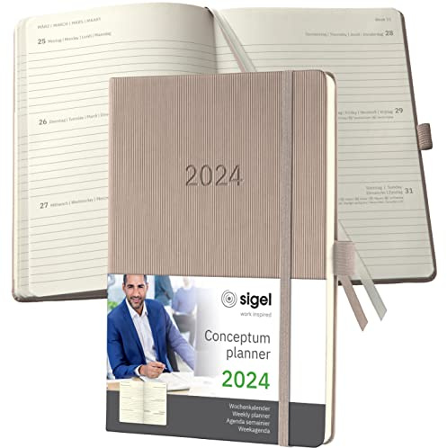SIGEL C2460 Terminplaner Wochenkalender 2024, ca. A5, taupe, Hardcover, 192 Seiten, Gummiband, Stiftschlaufe, Archivtasche, PEFC-zertifiziert, Conceptum