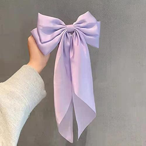 SHTGOI Grandi fermaglio per capelli in raso con grande fiocco, con coda di raso seta, vintage, francese, per donna, viola chiaro