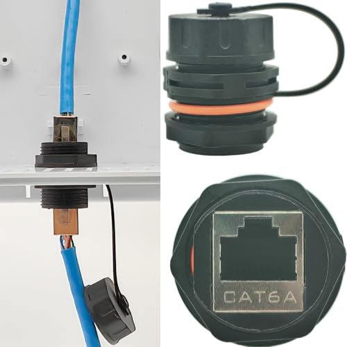 CTRICALVER Conector RJ45 Impermeable, Conectores de cable LAN Ethernet CAT6A blindados, acoplador de extremo hembra a hembra de montaje en panel industrial con tapa impermeable/polvo (1 PCS)