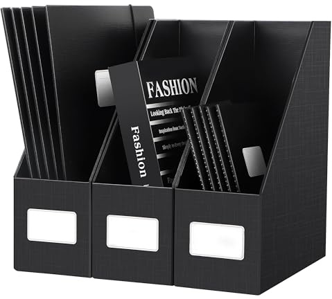 JiaWei Black Magazine File Holders, 3 Packs Sturdy Cardboard File Rack, Office Organization Desktop Storage File Box Binder for Shelves and Desk, Folder Holder for Office or Classroom