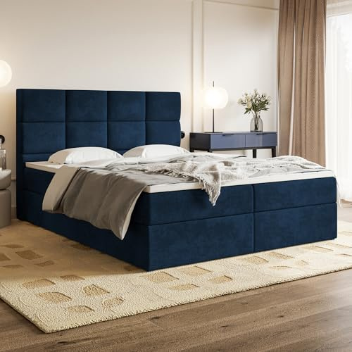 MOTIVENA Alpha Boxspringbett 160x200 Blau Samt, mit Bonellfederkern-Matratze (H4), mit T28 Komfortschaumstoff Topper (H3), Boxspringbett 160x200 mit Bettkasten Blau (Dunkelblau)