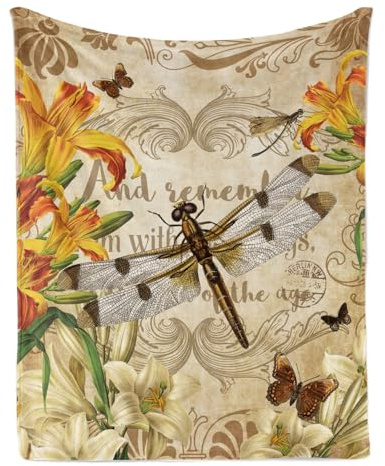 Dragonfly Throw Blanket for Women, 150x200 cm Cozy Dragonfly Lily Flower Fluffy Blanket for Girls, Soft Vintage Beige Butterfly Flannel Throw Blanket for Adult Bedroom Birthday Gift Sofa Bed Couch