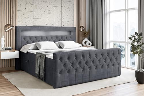 ALTDECOR Boxspringbett mit Matratze und Lattenrost, LED Boxbett, Topper, Fußteil, Polsterbett mit Bettkasten, Bett mit Stauraum H3-Matratze, Doppelbett - Aurora - 160x200 - Dunkelgrau Samt